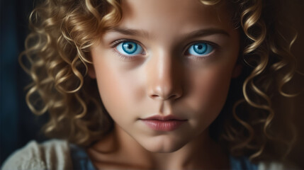 A young girl with long curly hair and blue eyes. She has a very pretty face and is looking straight ahead