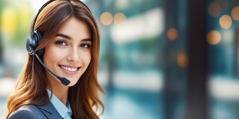 A woman wearing a headset and smiling. She is a customer service representative. The image conveys a positive and friendly atmosphere