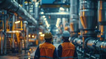 A worker inspects an industrial pipeline with a petroleum engineer in a large factory on an oil rig with a large factory in the background and part of an upstream oil and gas production facility.