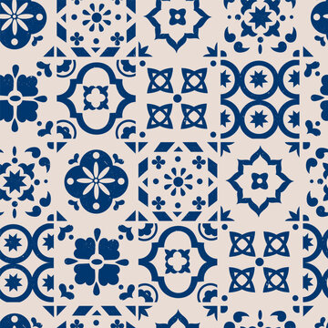 Various square Tiles. Different blue ornaments. Traditional mediterranean style. Hand drawn Vector illustration. Ceramic tiles. Grunge texture. Square seamless Pattern, background, wallpaper