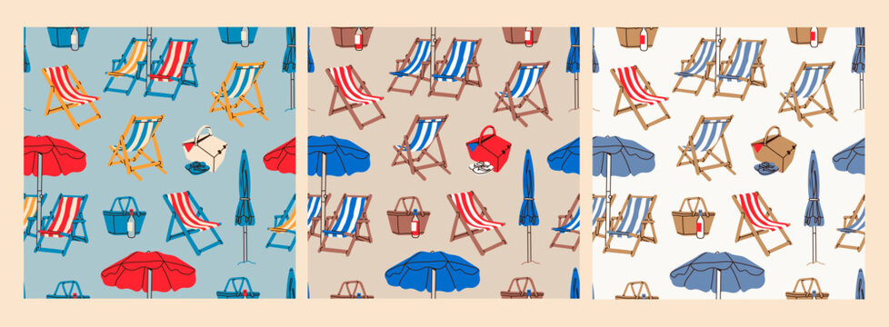 Summer Beach chairs, wooden deck chair, sun umbrella, picnic basket, sunbed. Hand drawn Vector illustration. Square seamless Patterns. Background, wallpaper. Vacation, relax, holiday concept