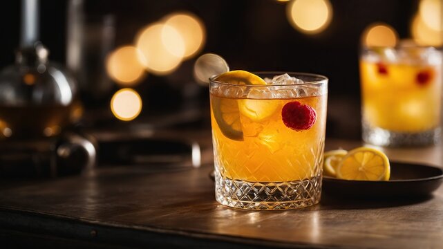 Amaretto Sour Cocktail on the bar counter.