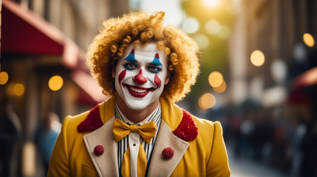 A clown with red and white face paint is smiling and posing for a picture. The image has a fun and lighthearted mood, as the clown is dressed in a bright yellow outfit and has a big smile on his face