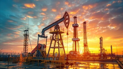 Aerial view of an oil refinery as an industrial estate with sunset lights and Steel pipe factory equipment in the petroleum industry producing upstream oil and gas as a background.