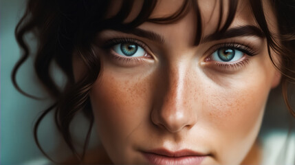 A woman with blue eyes and brown hair. She has a slight smile on her face. The image is of a woman with a blue eye shadow - obrazy, fototapety, plakaty