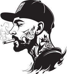 Hipster Haze Cartoon Guy with Cigarette in Hand Icon Slick Smoke Vector Logo of a Trendy Guy with a Smoke