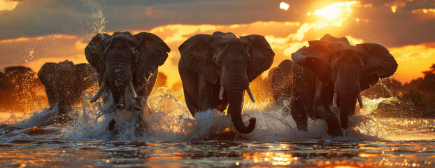 herd of african elephants savannah at sunset - obrazy, fototapety, plakaty