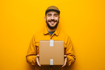Man wearing yellow jacket and holding unopened package.