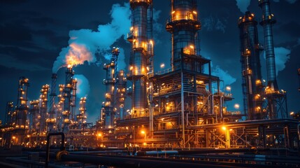 An oil refinery as an industrial estate with sunset lights and Steel pipe factory equipment in the petroleum industry producing upstream oil and gas as a background.