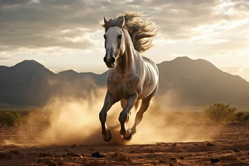A graceful gray horse kicking up dust as it dashes across a rustic landscape. The sunlight...