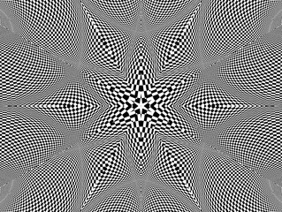 Kalejdoskop, wypukła geometryczna tekstura 3d,  wybrzuszone sferyczne strefy w kształcie gwiazdy o wzorze biało - czarnej szachownicy. Abstrakcyjne tło