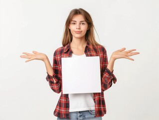 A young woman is shown in a cropped portrait against a white background, holding copy spaces in both hands and facing the camera. - Powered by Adobe