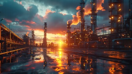 An oil refinery as an industrial estate with sunset lights and Steel pipe factory equipment in the...