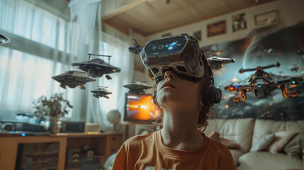 A young boy wearing a futuristic VR headset is amazed by an animated spaceship flying around their living room with a virtual reality glasses device.