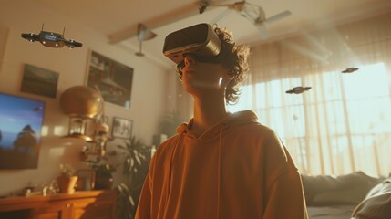 Obraz premium A young girl wearing a futuristic VR headset is amazed by an animated spaceship flying around their living room with a virtual reality glasses device.