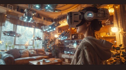 A young girl wearing a futuristic VR headset is amazed by an animated spaceship flying around their living room with a virtual reality glasses device.