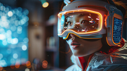 A young girl wearing a futuristic VR headset is amazed by an animated spaceship flying around their living room with a virtual reality glasses device. - obrazy, fototapety, plakaty