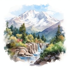 Watercolor painting of mountain scene on the white background - obrazy, fototapety, plakaty