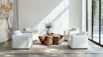 A coffee table with a live edge made of natural wood and stone panelling is positioned next to four...