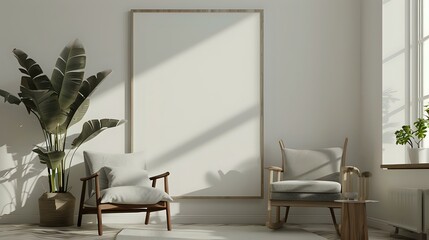 A large mock-up poster frame is placed on a white wall next to a wooden chair and a grey sofa. Scandinavian modern living room interior design