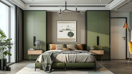 A modern bedroom with a simple interior design and a green wardrobe.