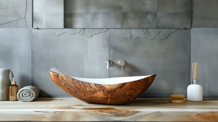 A rustic live edge counter with a natural wood vessel rests against a wall of concrete tiles. This modern bathroom has a minimalist interior design. - Powered by Adobe