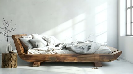 A rustic wooden bed with copy space against a blank white wall. Modern bedroom with a Scandinavian...