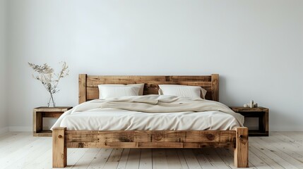 A rustic wooden bed with copy space against a blank white wall. Modern bedroom with a Scandinavian loft interior style.