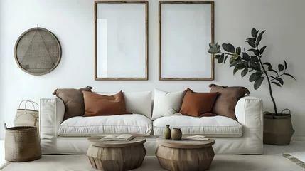 Papier Peint photo Style bohème A white sofa with brown pillows and two poster frames hanging on the wall is next to a rustic coffee table. Modern living room interior design of a bohemian ethnic residence.