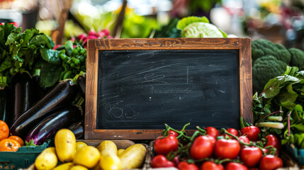 Farmers market stall with a variety of organic vegetables. Board with wooden frame for text. Copy space. Generative AI