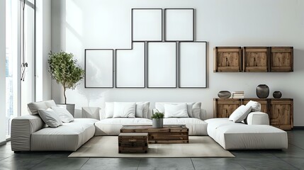 A white wall with blank poster frames with copy space is surrounded by rustic cabinets and a square coffee table next to a white sofa. Japanese modern living room interior design