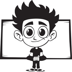 Obraz premium Poster Prodigy Cartoon Man with Sign Emblem Graphic Banner Buddy Vector Logo of a Friendly Sign Holder