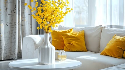 Against a white sofa with yellow pillows is a round coffee table. Interior design of a modern living room in a farmhouse or country residence.