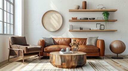 Against the sofa, between the ottoman and the brown leather chair, is a round wood coffee table. Floating shelves on a wall. Modern living room interior design of a country farmhouse home