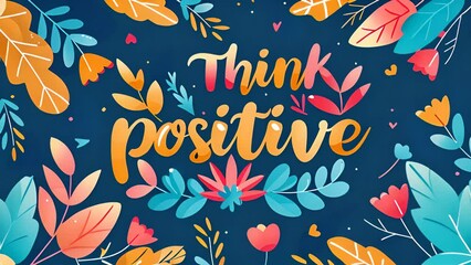 A blue background with vibrant, colorful leaves spread across it, accompanied by the encouraging words think positive