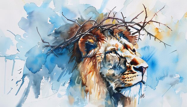 Lion of Judah - A painting of a lion with a crown of thorns, representing the biblical figure of Judah. The image captures the majestic and powerful nature of the lion. Generative AI