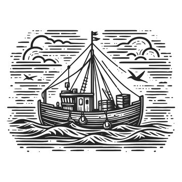 recommend clip art: fishing boat ship trawler at sea, complete with rigging and nets, evoking the maritime tradition sketch engraving generative ai raster illustration. Scratch board imitation. Black and white image.