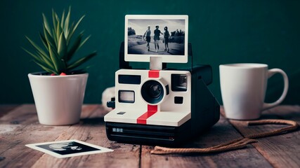 A instant camera on a table with a picture of three people in the display.