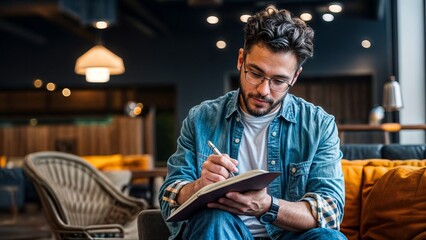 A man wearing glasses and a denim jacket sitting on the sofa in a cafe and writes in a notebook.
