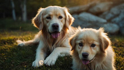 British short hair cat and golden retriever