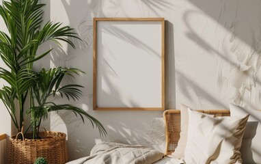 Mockup frame close up in coastal style home interior background, 3d render