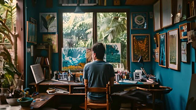 Artist sits at an easel in a cozy, sunlit studio, meticulously working on a vibrant ocean painting
