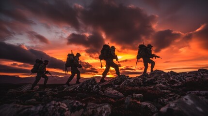 Soldiers military group US Army at sunset