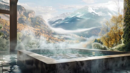 A picturesque ski resort nestled in snow-capped mountains, featuring a bubbling hot tub for relaxation.  - obrazy, fototapety, plakaty
