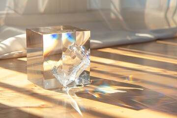 A clear glass cube rests on a hardwood floor in a room