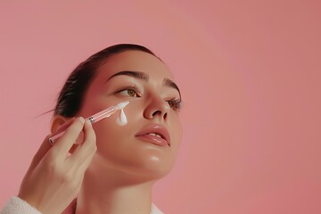 Minimalistic Shot of Girl Applying Facial Serum with Pipette on Pastel Pink Background generative ai
