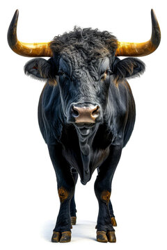 Black and white photo of bull with large horns.