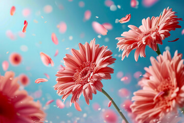 Group of pink flowers with petals blowing in the wind. - Powered by Adobe