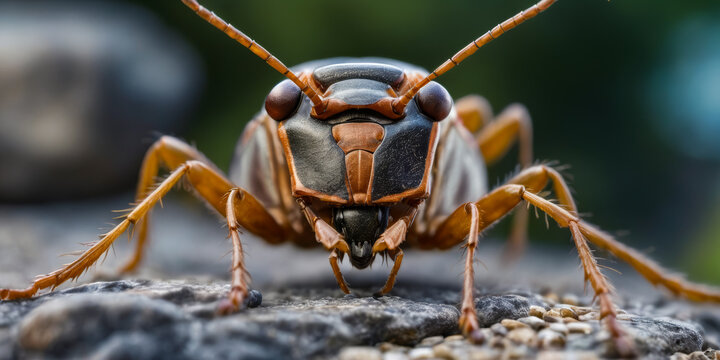 Close up of beetle's face with its eyes and antennae focused on something above it.