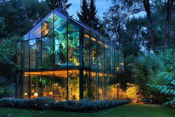 Glass building with many windows, surrounded by trees at night, glasmorphism vibe